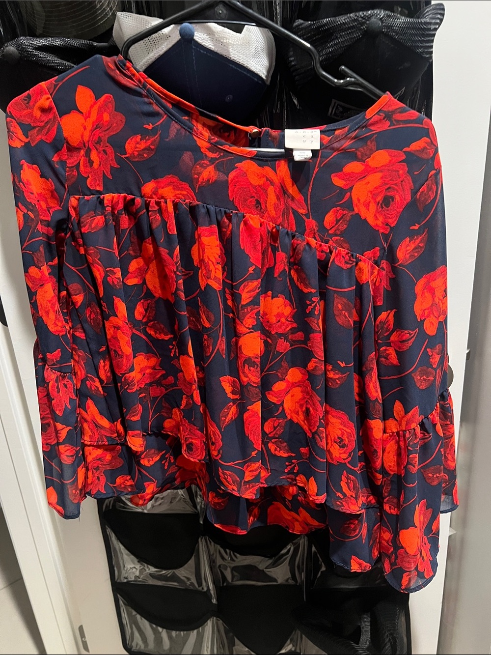 a new day Navy and Red Floral Ruffle Blouse
